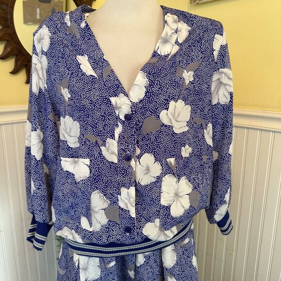 Vintage Evanna Blue white loral Skirt & Jacket Set 80s matching skirt set - Picture 2 of 11